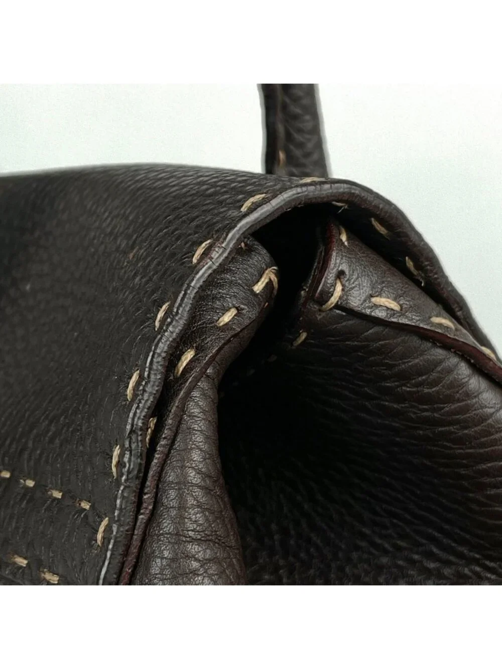 Fendi Selleria Linda Handbag Logo Stitch Leather Brown
